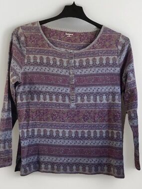 RuffHewn Boho Floral Paisley Henley Top - Size M - 100% Cotton Long Sleeve